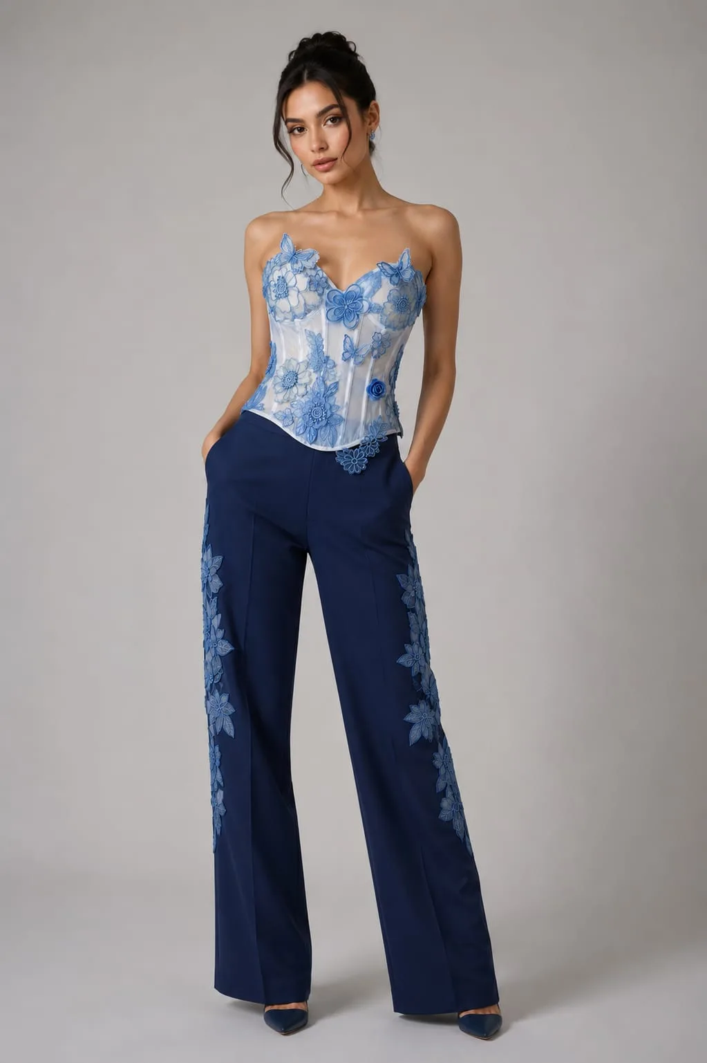 Blue Floral Corset Set