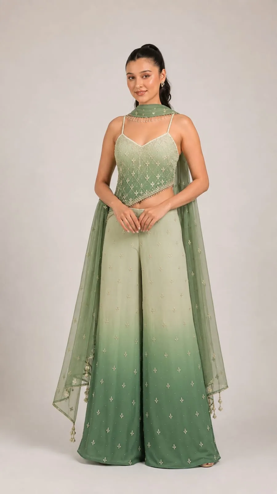 Sage embellished palazzo set with a matching dupatta